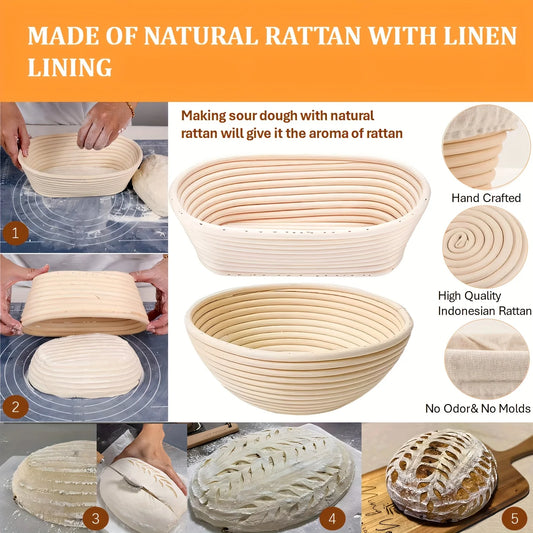 Bread-making process using natural rattan baskets with linen lining, highlighting handcrafted quality and aroma.