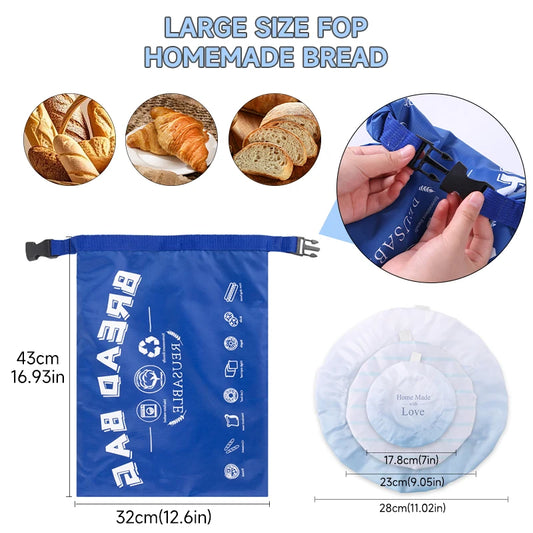 Blue bread bag with measurements and images of bread on a white background