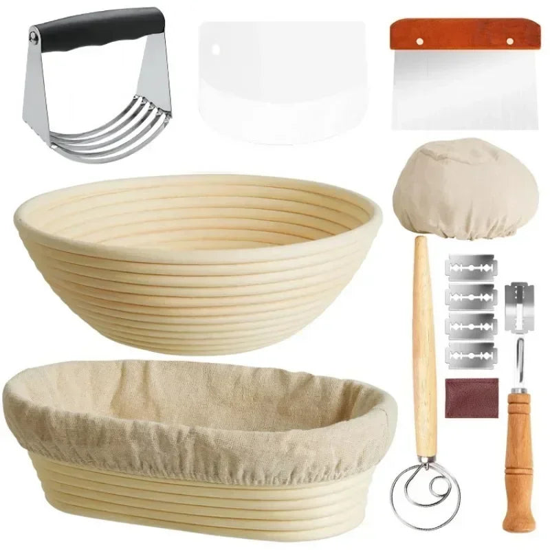 Collection of bread-making tools including a dough scraper, bowl, and other utensils on a white background.