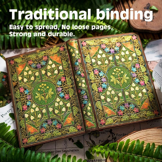 Decorative book with traditional binding surrounded by green leaves.
