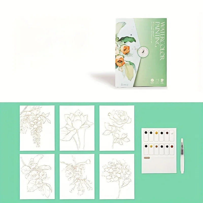 Set of watercolor painting cards with floral designs on a green background