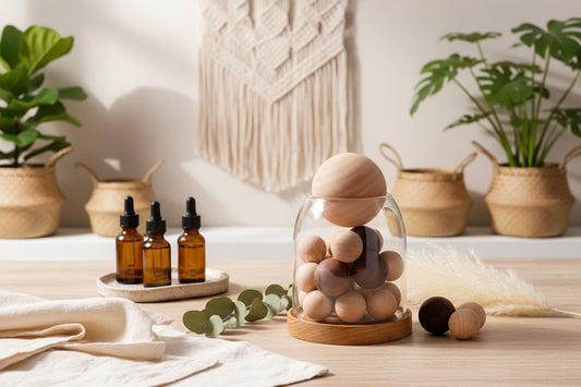 Minimalist essential oil diffuser styled on a light timber surface with linen, ceramic accents, and soft greenery in a modern bohemian home setting.