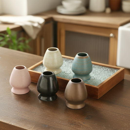 Set of five ceramic matcha whisk holders in various colors on a wooden surface.