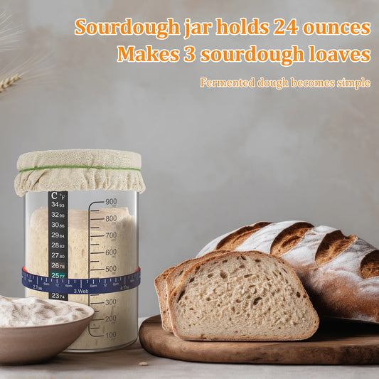 Sourdough jar with text about capacity and loaf production, surrounded by bread and flour.