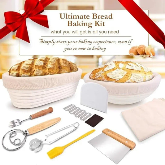 Bread baking kit with various tools and loaves of bread on a white background