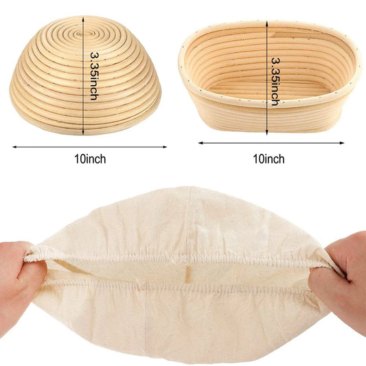 Two round bread baskets with dimensions and a piece of cloth being stretched.