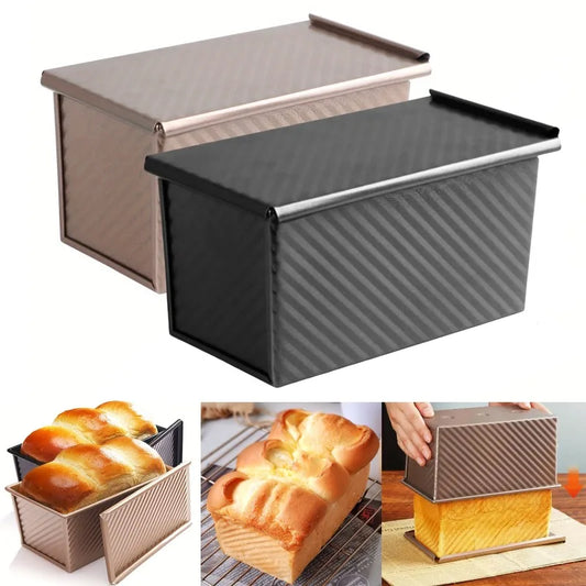 Bread loaf pan with lid on a white background, showing bread loaves inside.