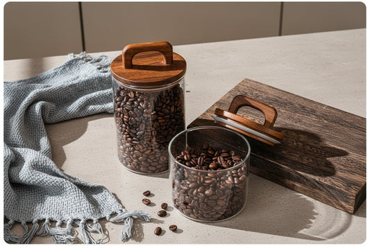 Two containers with coffee beans on a wooden surface