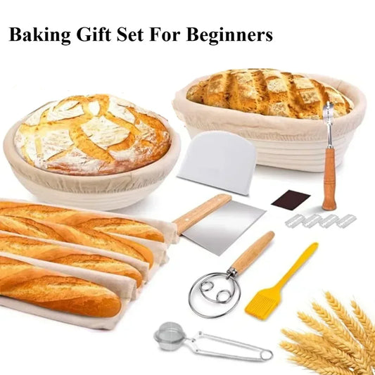 Baking gift set for beginners with bread, utensils, and a basket on a white background.