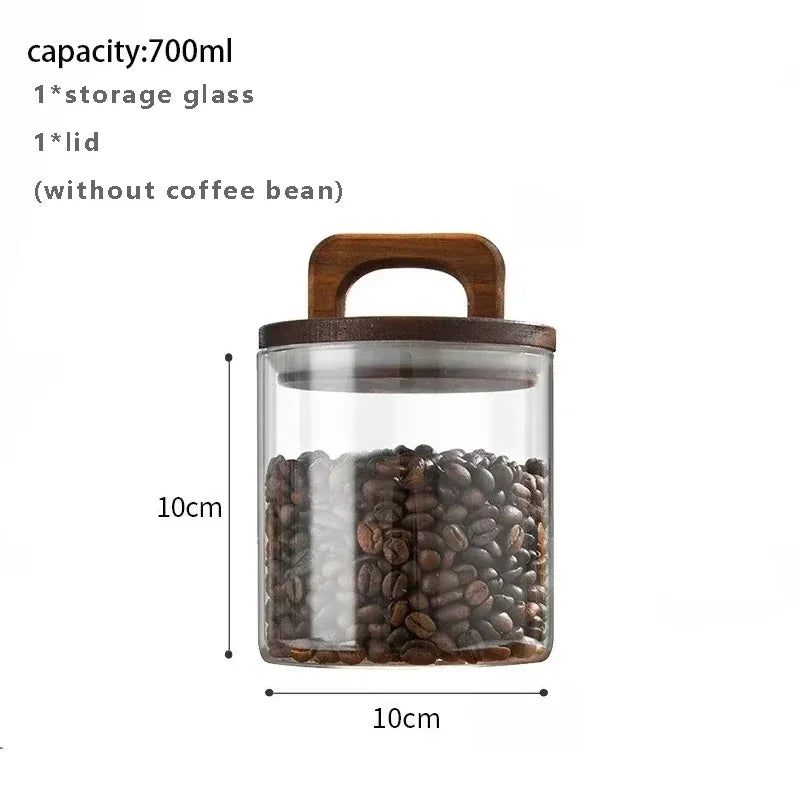 Glass storage jar with wooden lid containing coffee beans, labeled with capacity and dimensions.