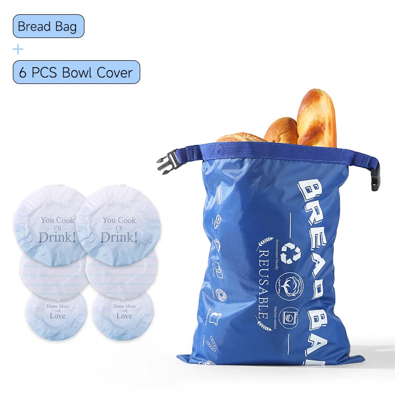 Blue reusable bread bag with bread and bowl covers on a white background