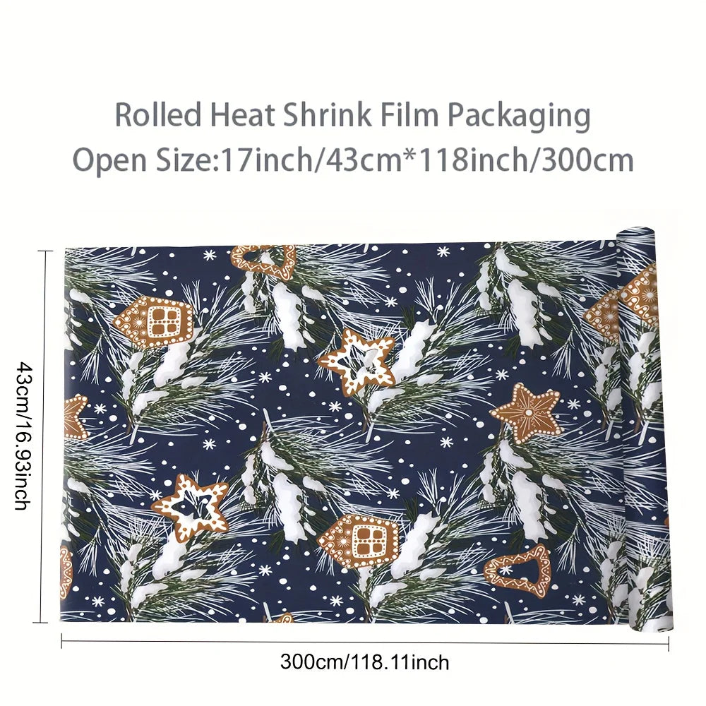 Rolled heat shrink film packaging with Christmas design and dimensions.