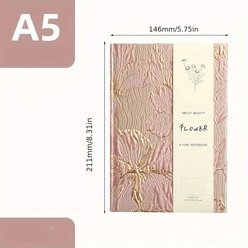 A5 notebook with floral design and dimensions displayed