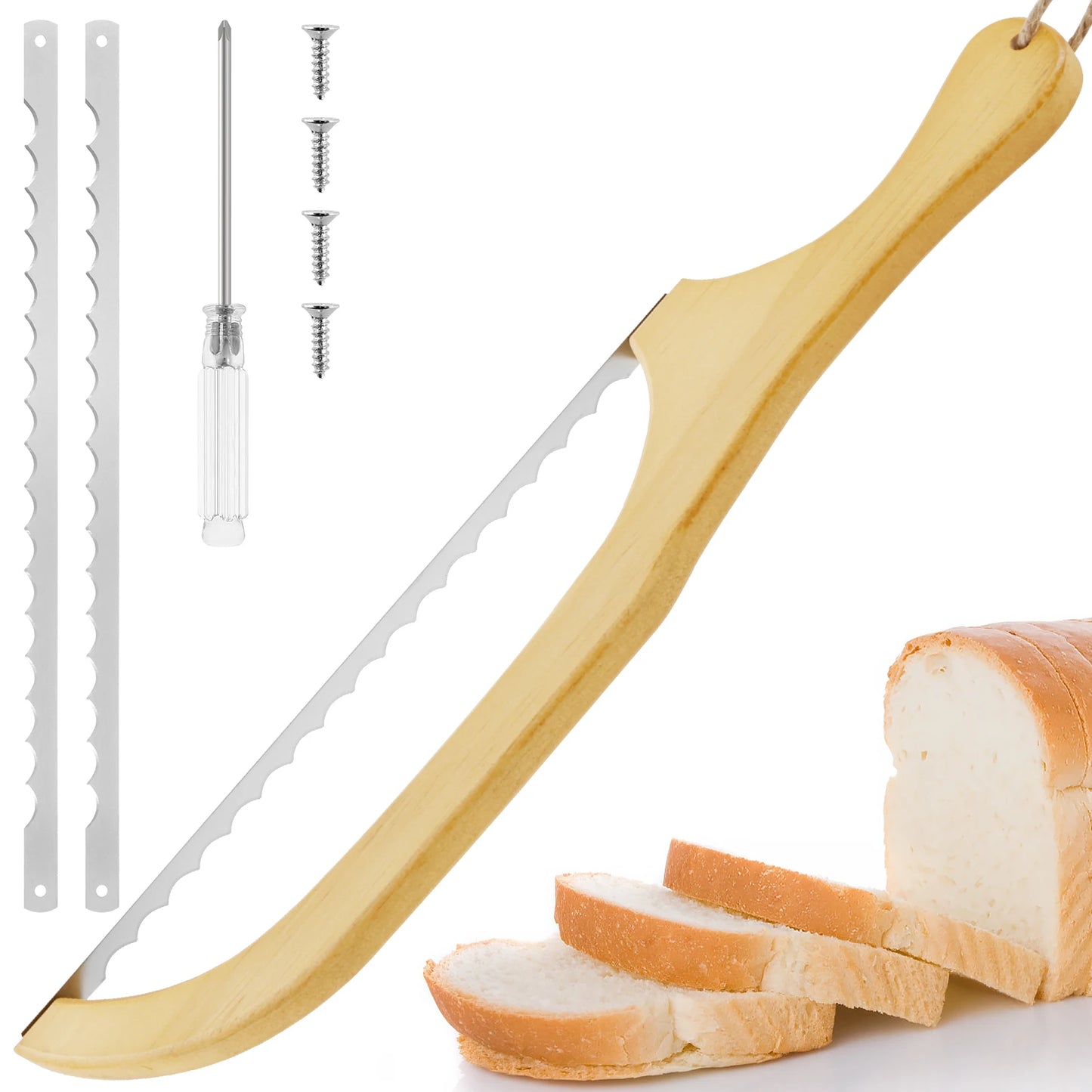 Bread knife with wooden handle and replaceable blades, sliced bread on a white background