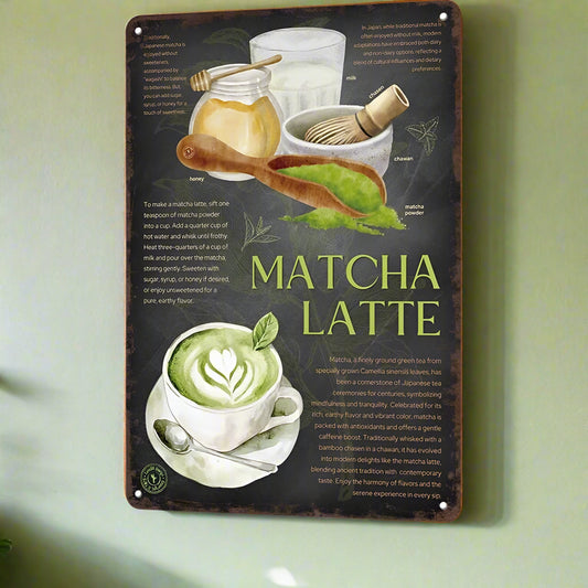 Decorative sign with matcha latte illustration and text on a dark background