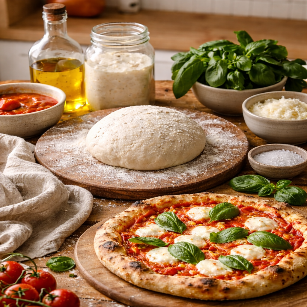 Sourdough Pizza recipe with dough, basil olive oil and a margarita pizza