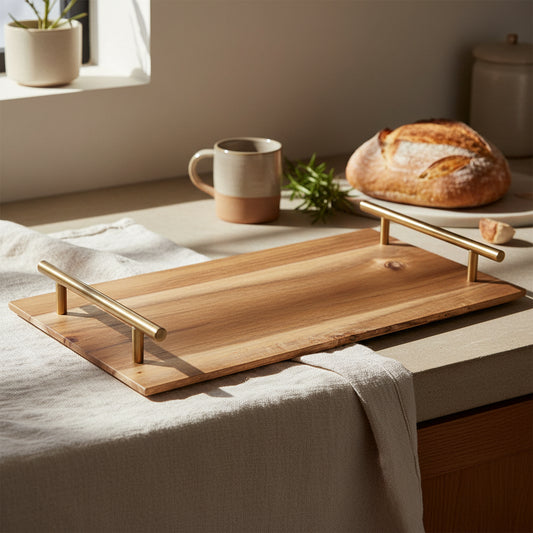 Wooden tray with gold handles on a white background