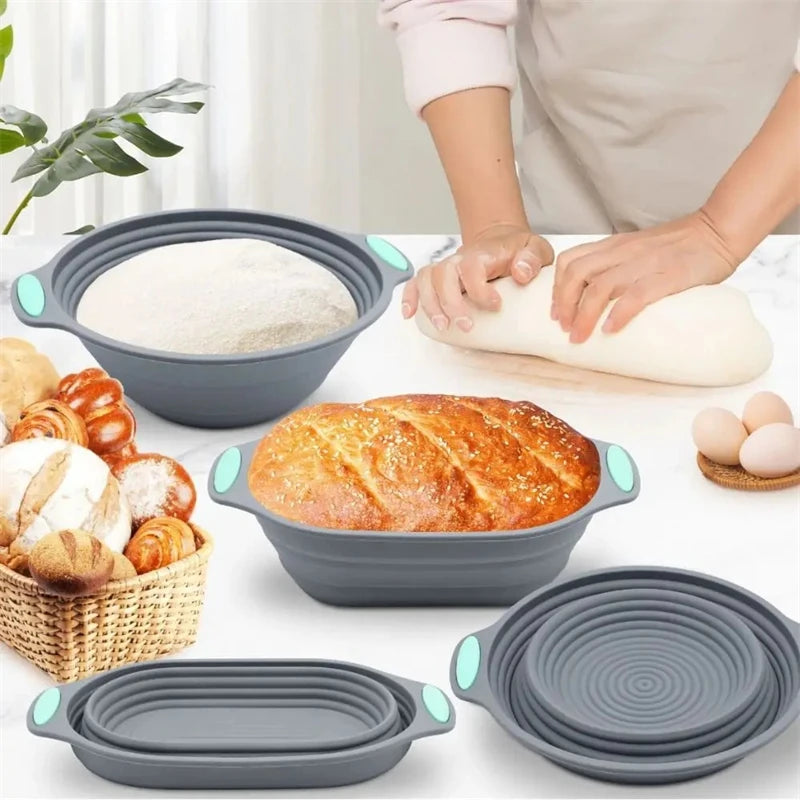 Collapsible silicone bread bowls with bread and ingredients on a table.