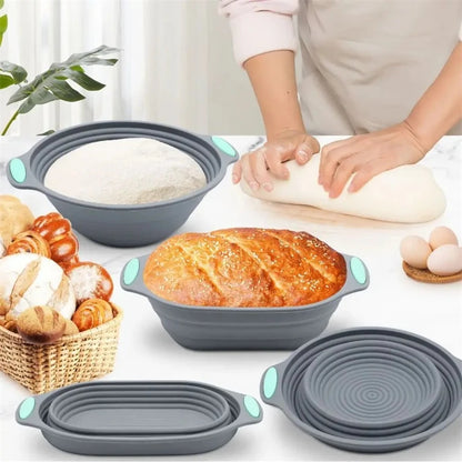 Collapsible silicone bread bowls with bread and ingredients on a table.