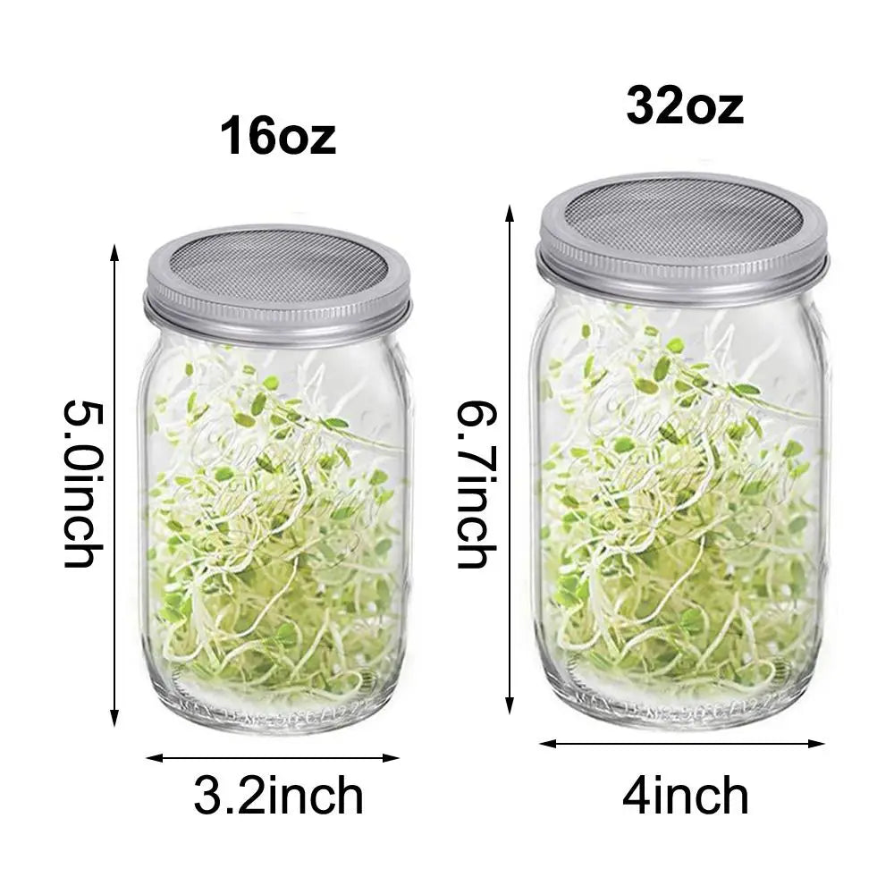 Two glass jars with metal lids containing sprouts, labeled for size and dimensions.