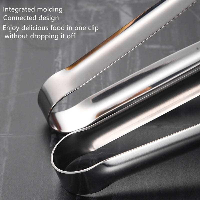 Metallic tongs on a dark surface with text describing their features.