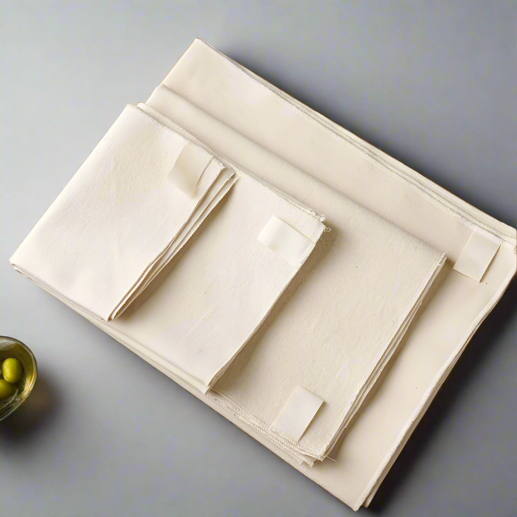 Beige fabric with a pocket on a wooden surface