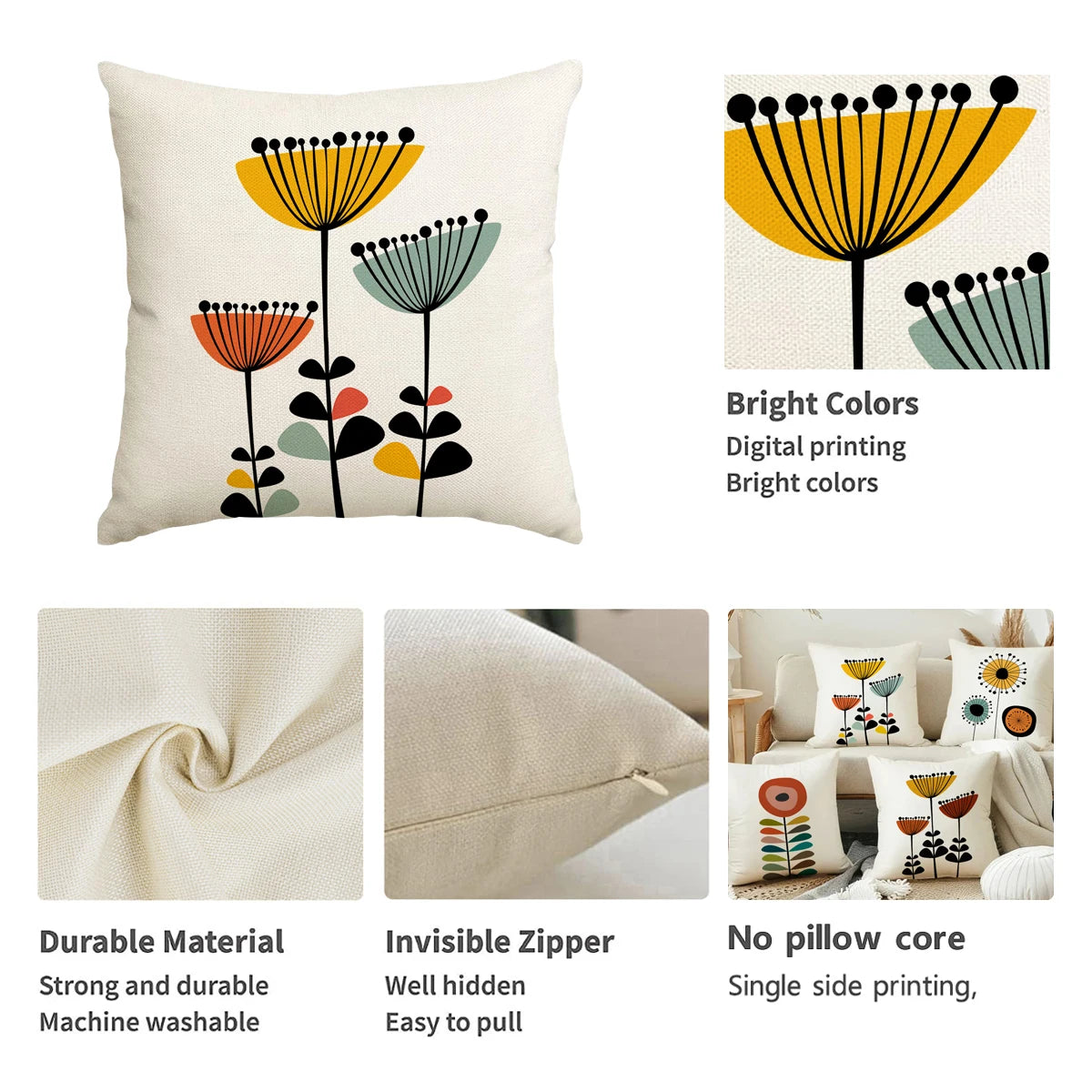 Decorative pillow with floral design and product features listed.