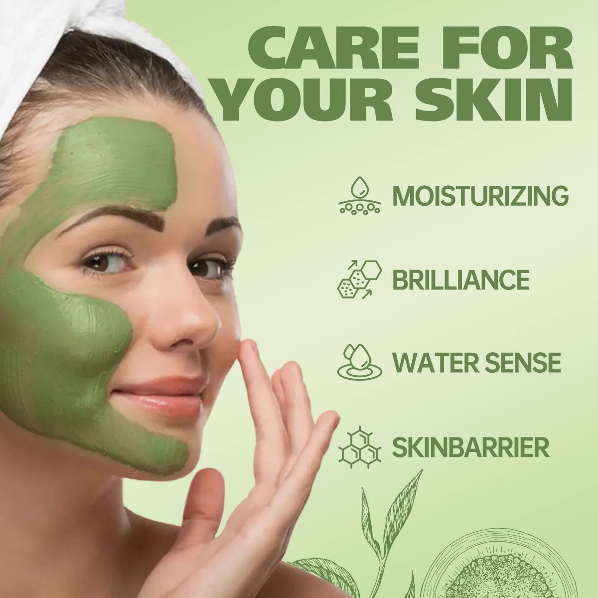 Woman applying green facial mask with text on skincare benefits on a green background