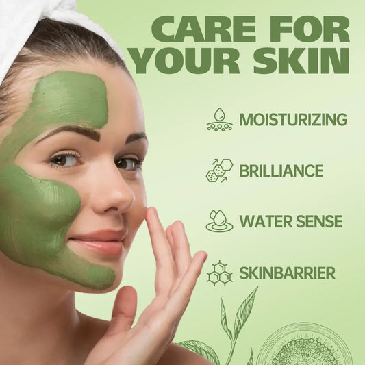 Woman applying green facial mask with text on skincare benefits on a green background
