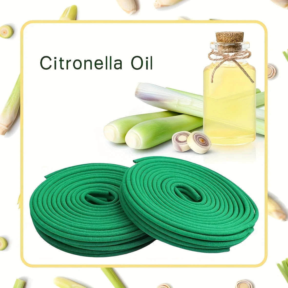 Citronella oil bottle with lemongrass and green coils on a white background