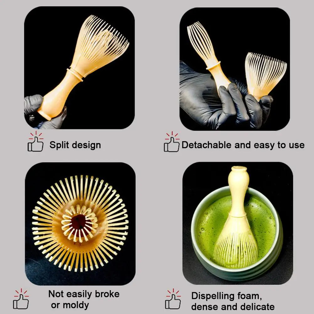 Product features of a wooden whisk with text highlighting its design and uses.