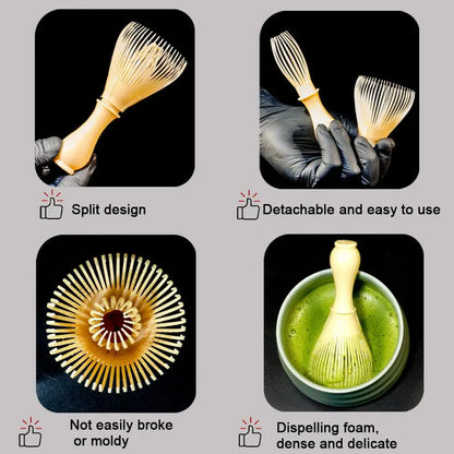 Product features of a wooden whisk with text highlighting its design and uses.