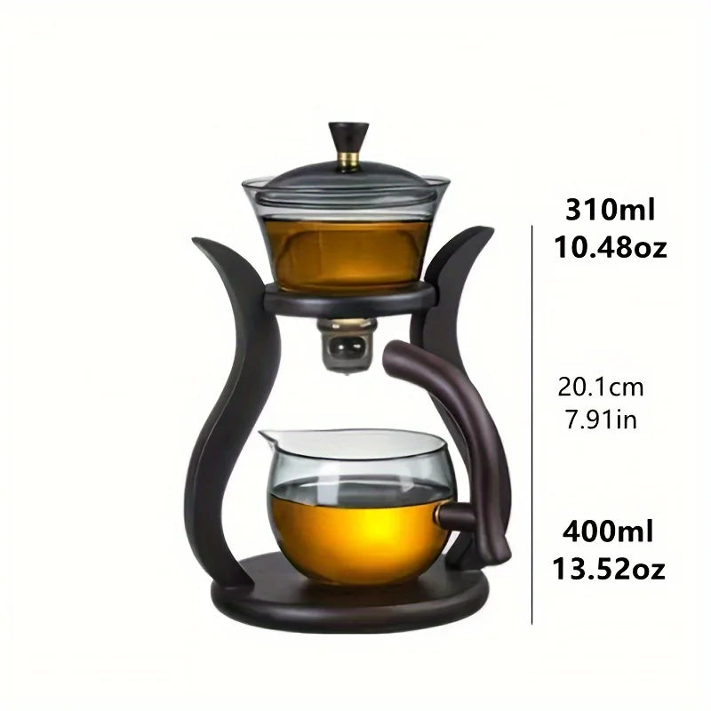 Tea brewing set with glass teapot and glass carafe on a white background, showing measurements.