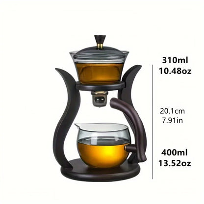 Tea brewing set with glass teapot and glass carafe on a white background, showing measurements.