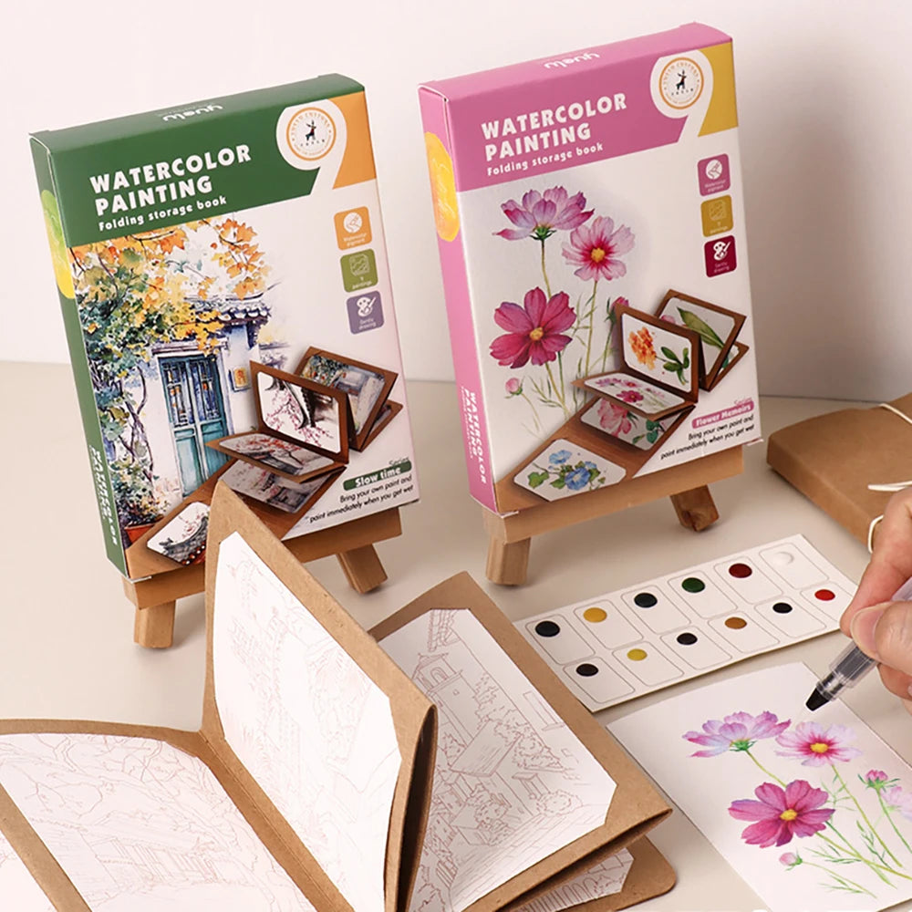 Two watercolor painting kits on stands with a hand holding a paintbrush and floral painting.