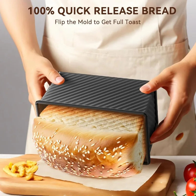 Person using a bread mold to make toast with sesame seeds, on a neutral background.