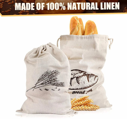 Two natural linen bread bags with wheat illustrations and text indicating 100% natural linen.