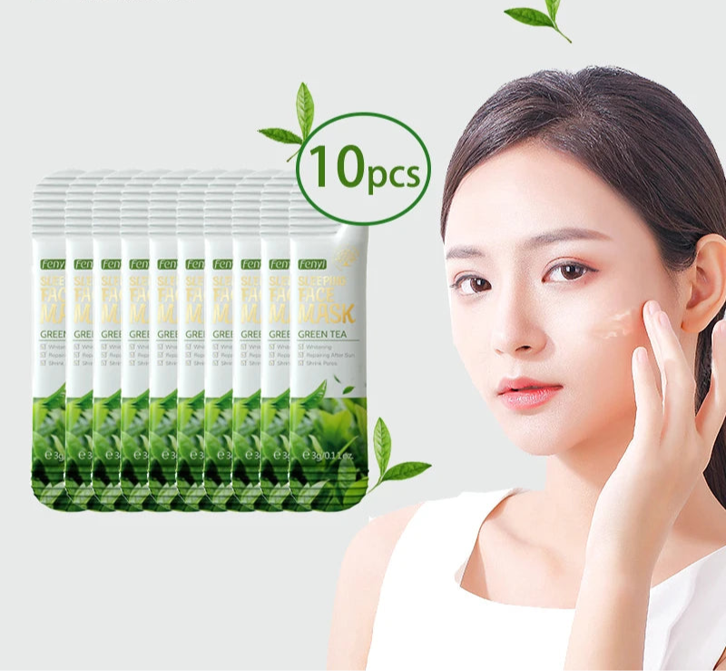 Packaging of LAIKOU green tea face masks with a model applying them.