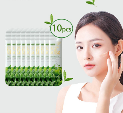 Packaging of LAIKOU green tea face masks with a model applying them.