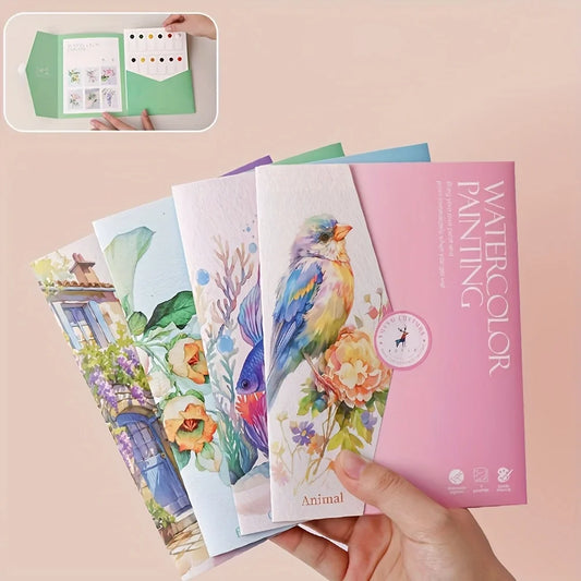 Set of watercolor painting books with colorful designs on a beige background