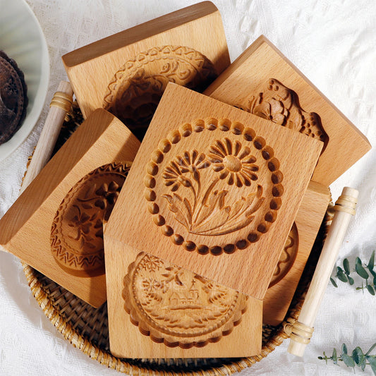 1PC Wood Cookie Moulds with Flower Patterns