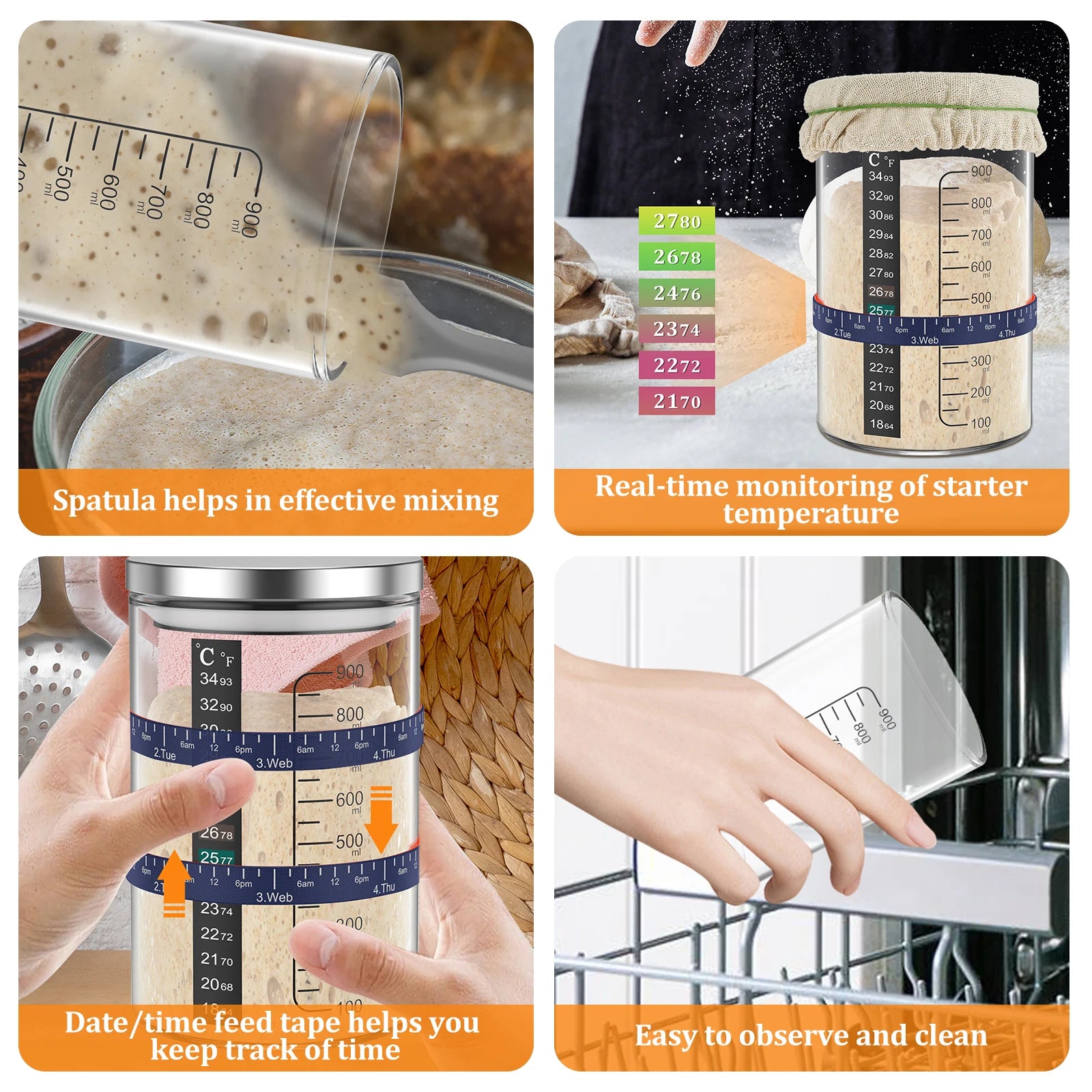 Collage of a kitchen tool with measurements and text on a white background