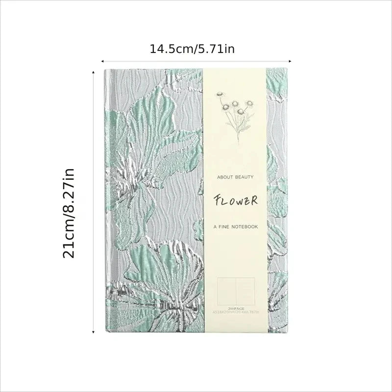 Floral notebook with dimensions displayed on a white background