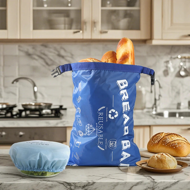 Reusable bread bag with bread on a kitchen counter