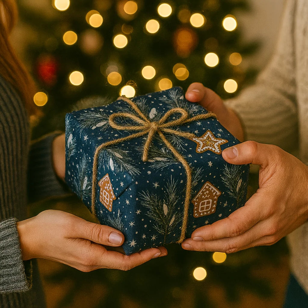 Two hands holding a blue gift box with a decorative bow against a blurred Christmas tree background.