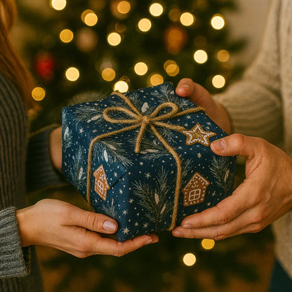 Two hands holding a blue gift box with a decorative bow against a blurred Christmas tree background.