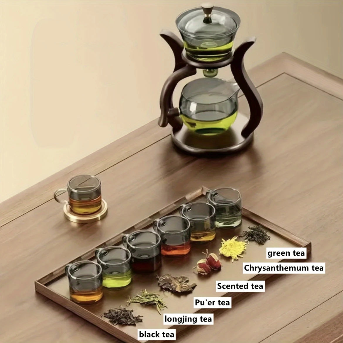 Tea-making set with various types of tea on a wooden surface