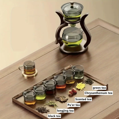 Tea-making set with various types of tea on a wooden surface