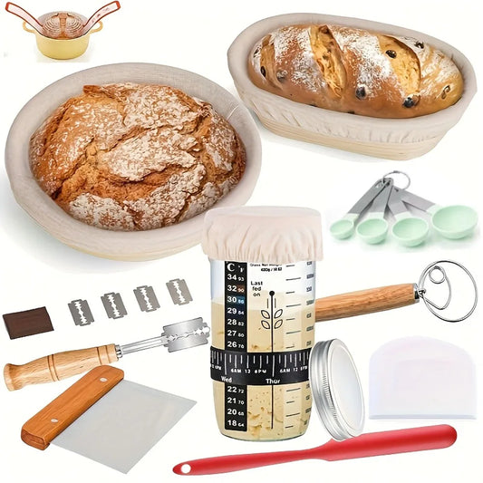 Collection of baking tools and ingredients on a white background