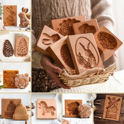 Collage of wooden molds with various designs held in a basket.